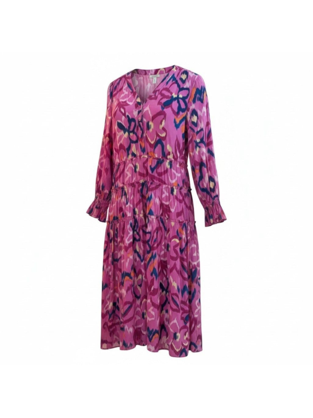 Chico's Ikat Print Tiered Midi Dress Long Sleeve Button Front Pink 3P 16P